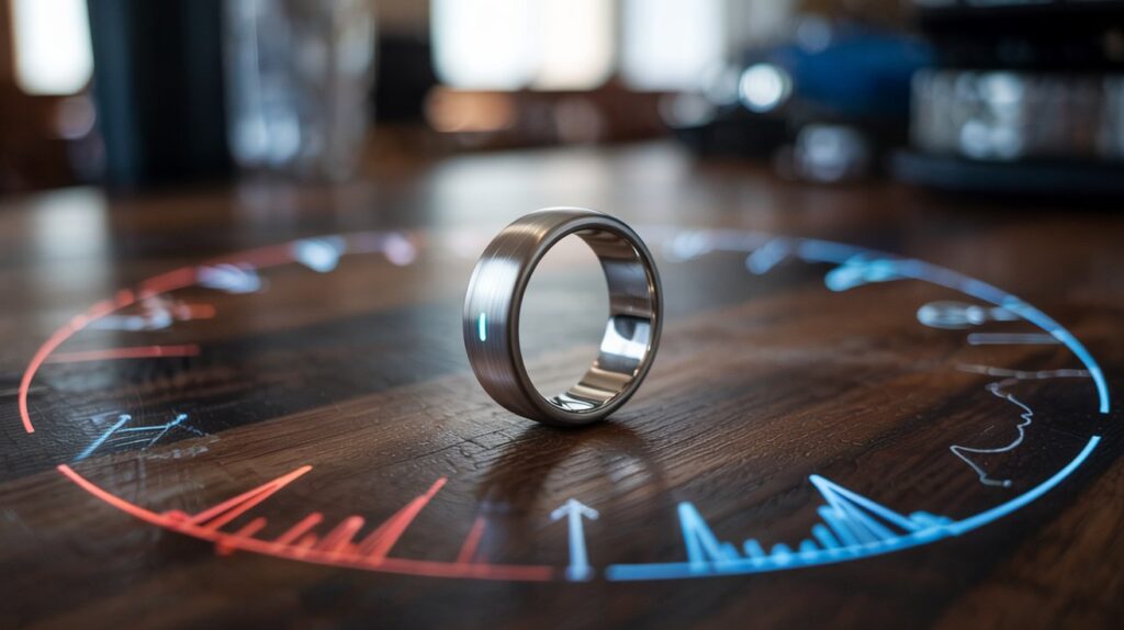 Smart Ring auf einem Tisch mit Health-Daten