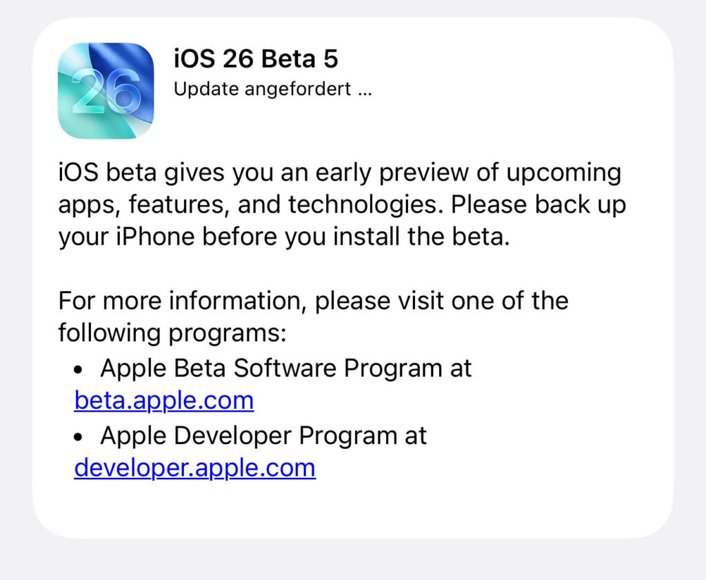 ios26 Beta 5 Anforderung 