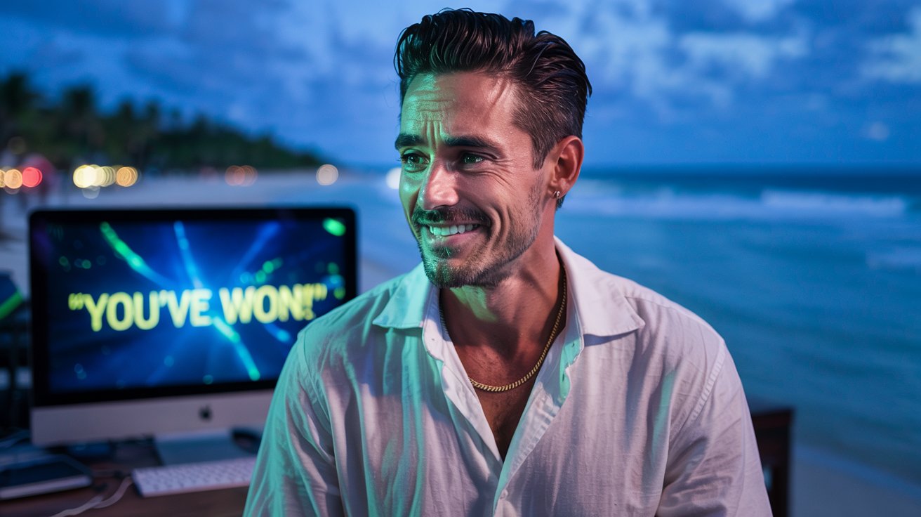 Ein Mann vor einem Monitor im Hintergrund Strand und Meer