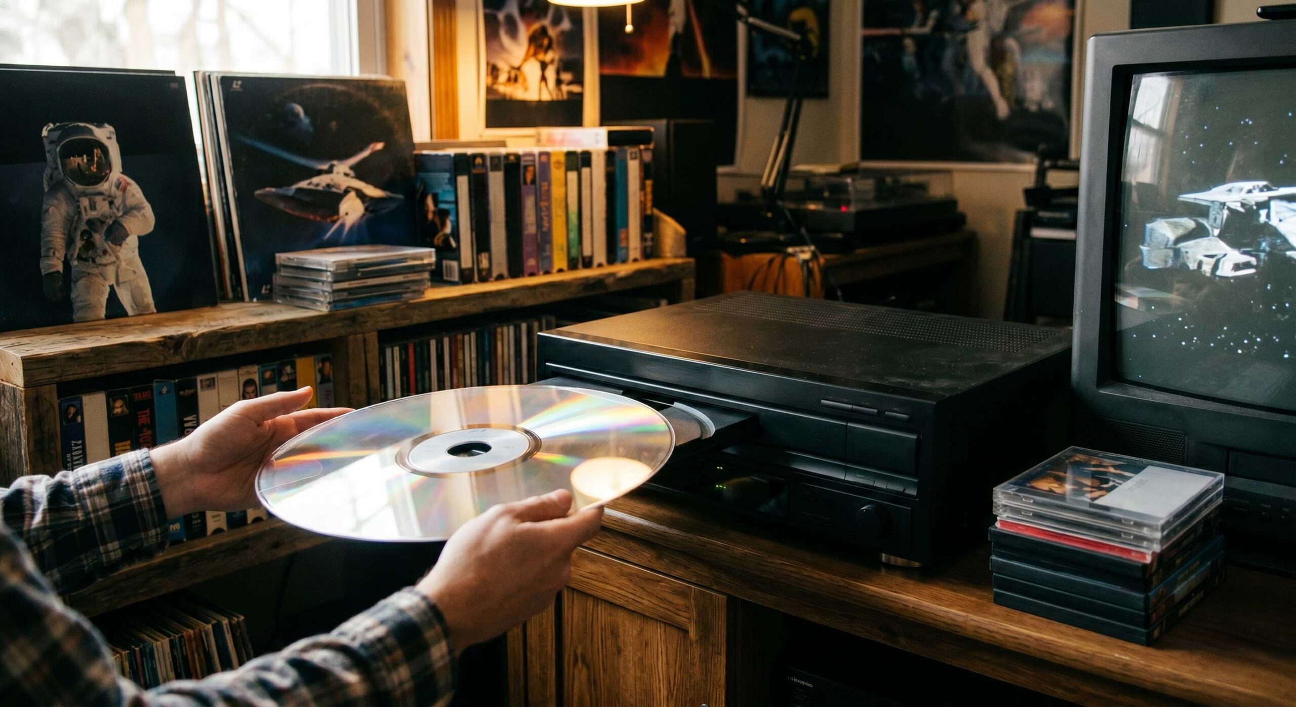 Ein Mann legt ein Laserdisc ein